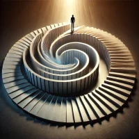 DALL·E 2025-03-17 17.39.50 - A photorealistic, attention-grabbing image of a person standing at the center of a giant spiral, symbolizing the cycle of starting and stopping. The s